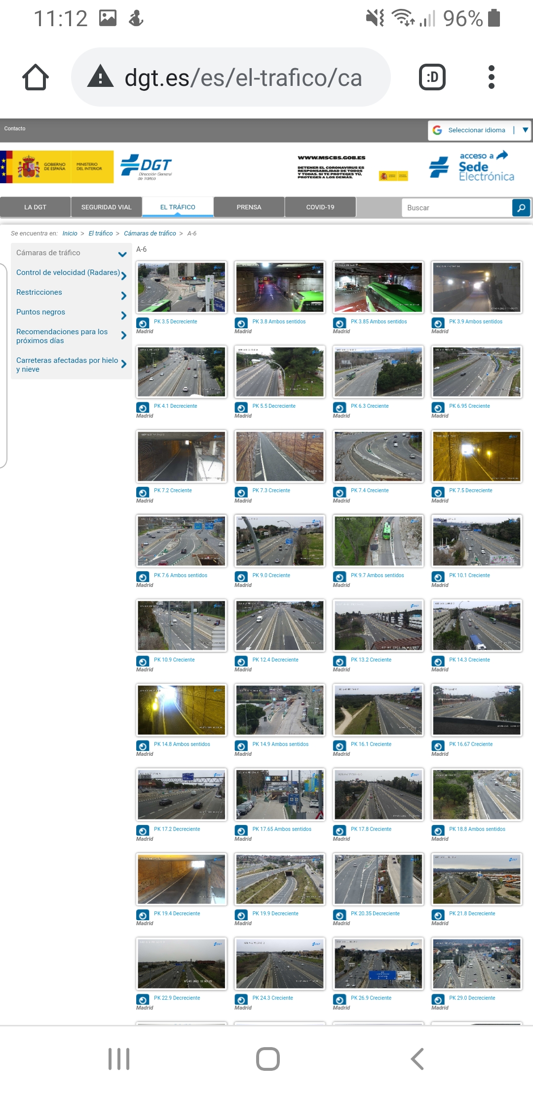 Pantalla web DGT cámaras tráfico A-6